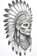 aztec warrior girl, skeletal fierce face, crown skull, tattoo design idea