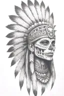 aztec warrior girl, skeletal fierce face, crown skull, tattoo design idea