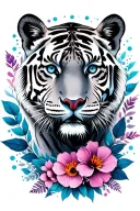 realistic neutral tiger face with flowers surrounding, leaves, dots and lines in blue, violet, pink colour tattoo design idea