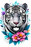 realistic neutral tiger face with flowers surrounding, leaves, dots and lines in blue, violet, pink colour tattoo design idea