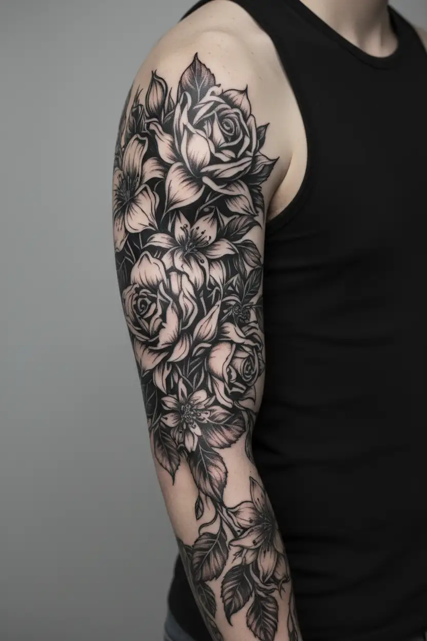 A bouquet of flowers using January, March, June, July and Mays birth flower. tattoo design idea