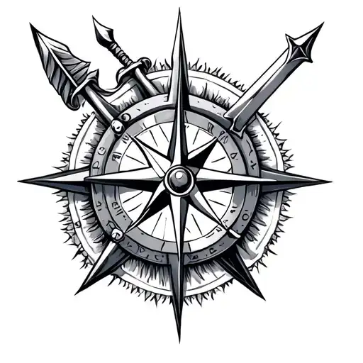 A legendary tattoo for my inner arm featuring a compass, arrow, and sword tattoo design idea