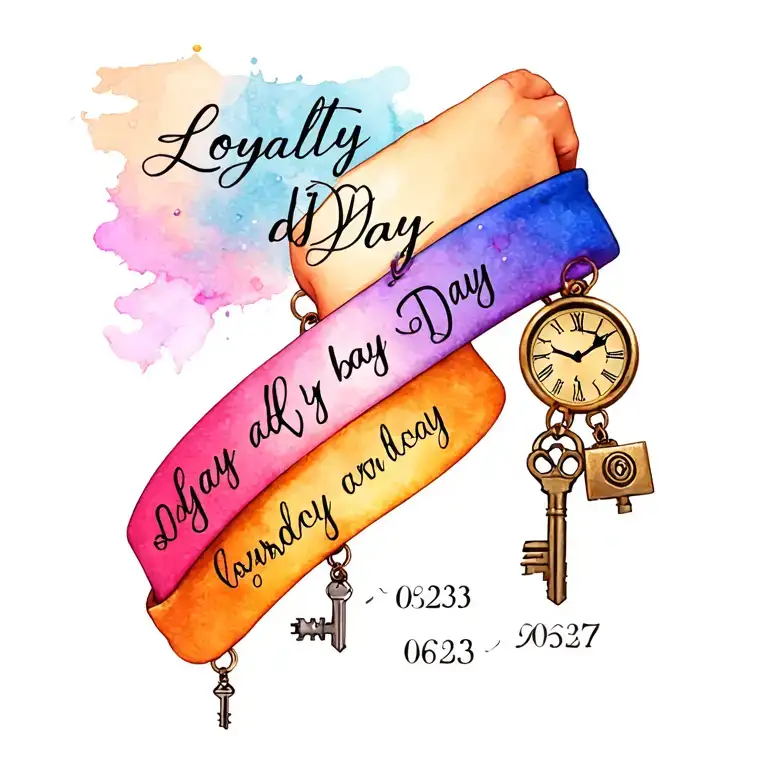 "Loyalty dDay JMd 0623 0527 " feminine wrist bracelt tatto with charms. writing along side of wrist and theme of time, day by day, locks, keys, loyalt tattoo design idea