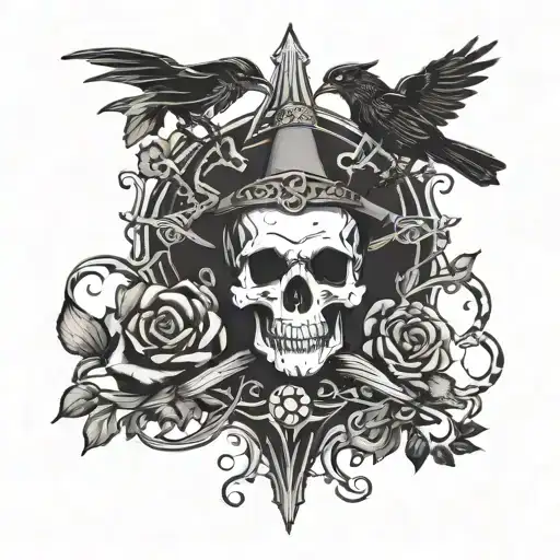 witchy halloween tattoo with bats, skulls, crows, snakes, and a dagger tattoo design idea