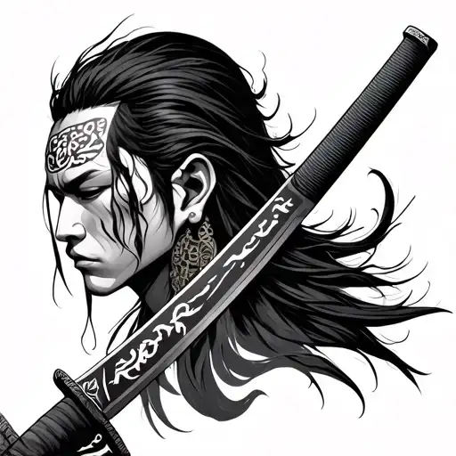 katana with japanese symbols of honored and blessed through the blade on neck  tattoo design idea