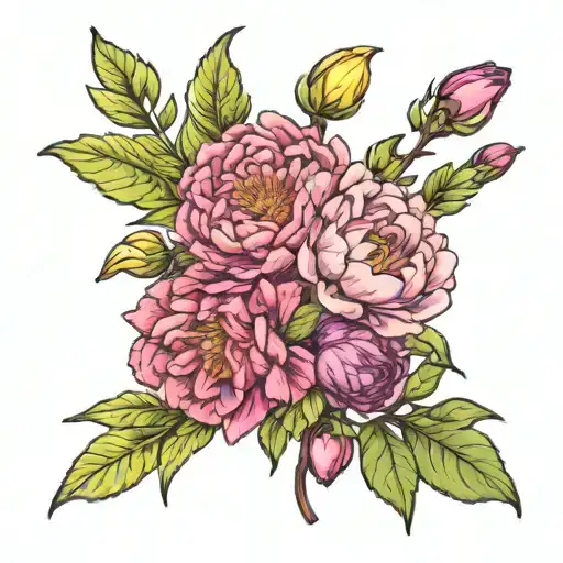 birth flower bouquet fine line, peony, aster, cherry blossom, daffodil, rose, full, leafy tattoo design idea