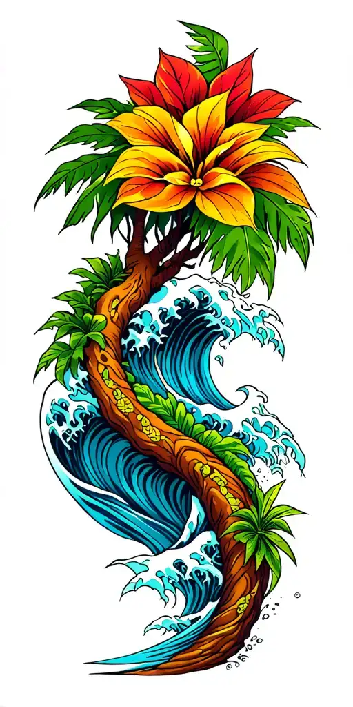 Hawaii, waves, family tree intertwined tattoo design idea