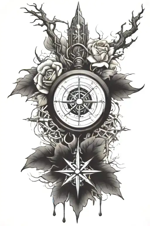 Compass,winter,veins, lone rose, rain, lightning, greatsword, solitude, adaption, learning.  tattoo design idea