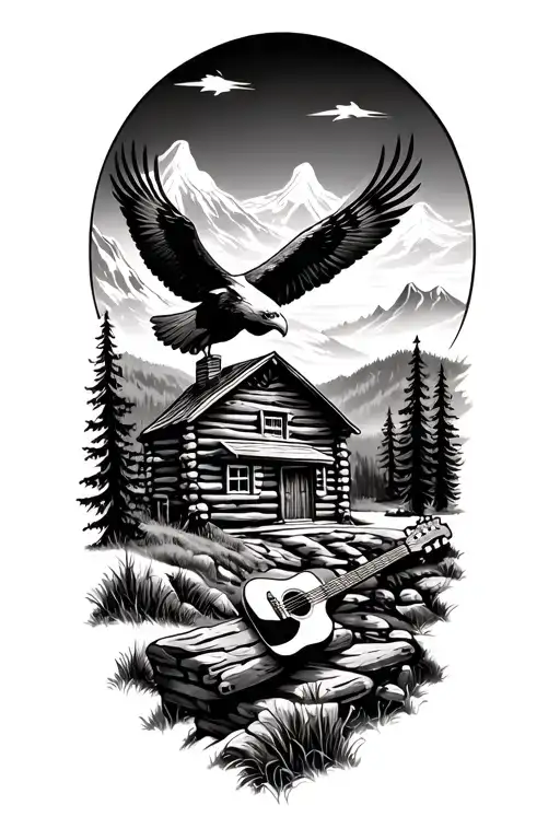 nature scene with log cabin up on a mountain with a bald eagle soaring in the sky with a acoustic guitar tattoo design idea