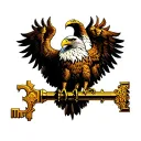 Top Eagle: With its powerful, sharp talons, the upper eagle firmly grips a large golden key at the center of the composi tattoo design idea