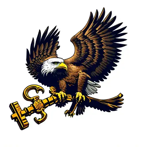 Top Eagle: With its powerful, sharp talons, the upper eagle firmly grips a large golden key at the center of the composi tattoo design idea