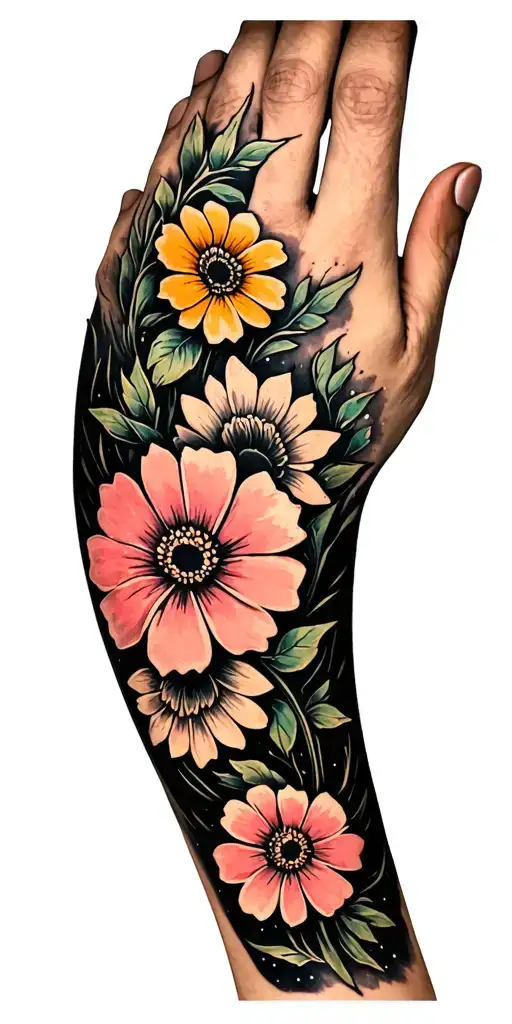 small traditional flowers embedded in  black. negative space sparkles  throughout gap filler between flowers tattoo design idea