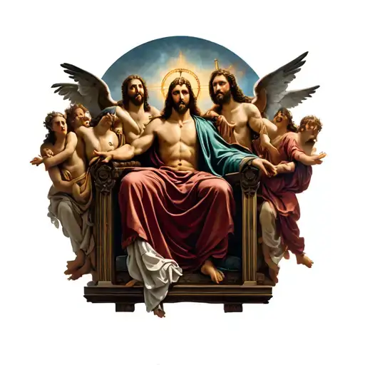 God on are throne surrounded by his angels and Jesus tattoo design idea