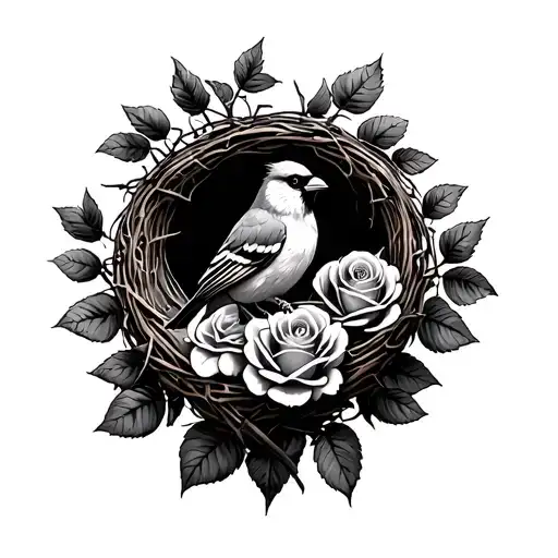 I was a black and white tattoo that covers the forearm of a rose bushes with thorns and a cardinal that built its nest o tattoo design idea