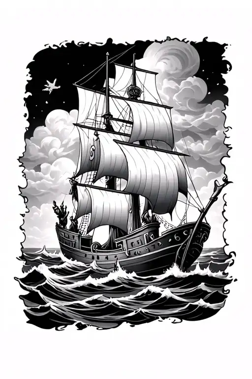 boat and poseidon god tattoo design idea