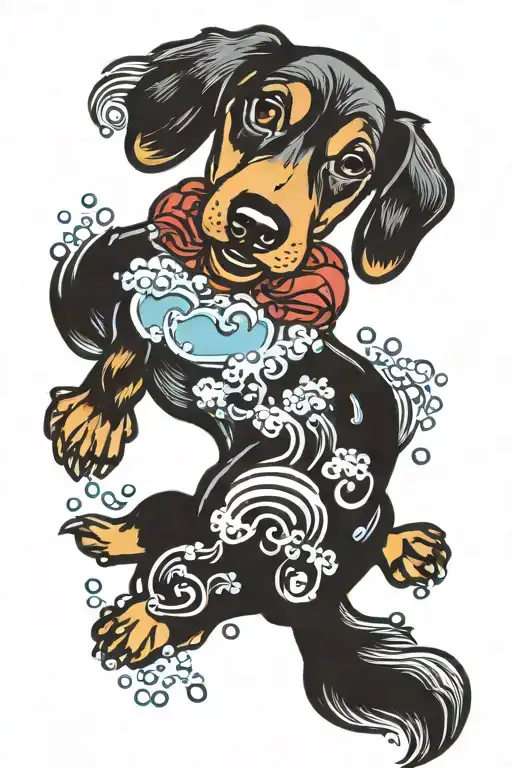 Wiener dog laying on his back with suds of water and soap like a river tattoo design idea