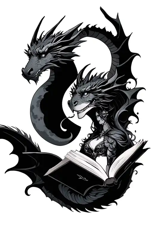 bookish theme with dragons, the moon, and a tough looking princess tattoo design idea
