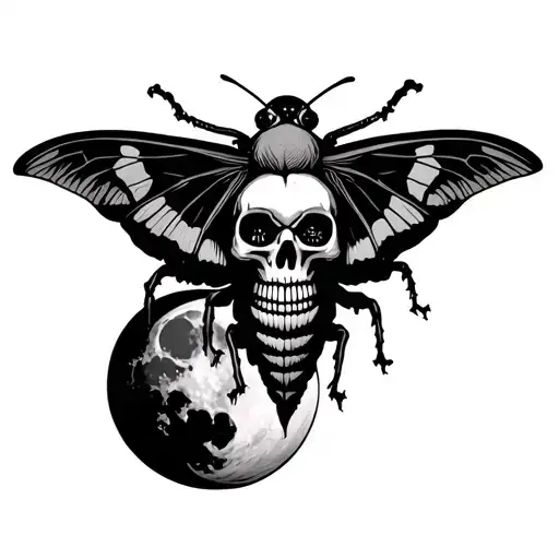 moth with skull inside and moon feature clean lines tattoo design idea