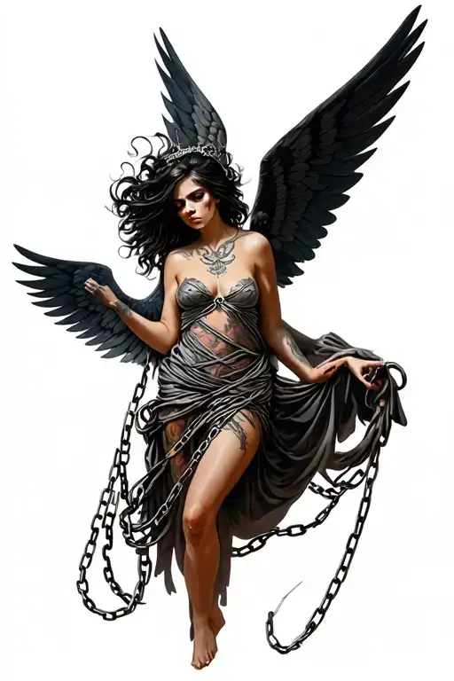blind winged maiden in chains wrapped tattoo design idea