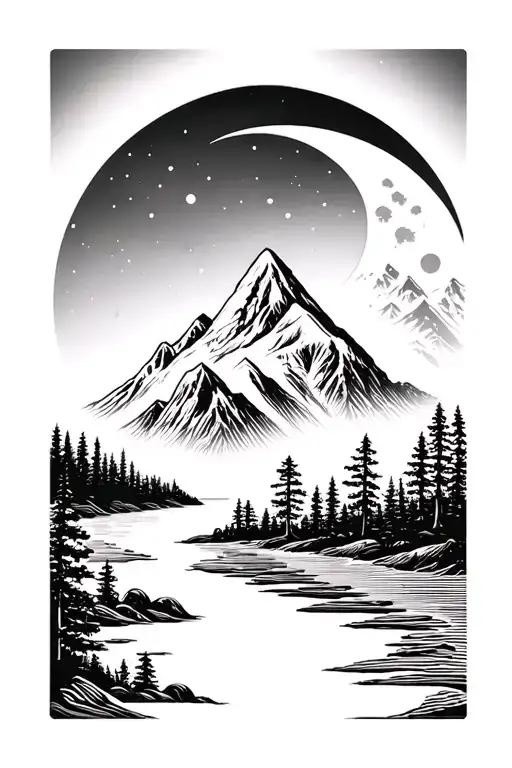 mountain moon trees and a river flowing tattoo design idea