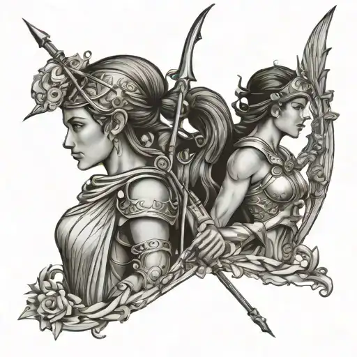goddess Athena holding spear and shield adorned and Artemis holding Bow and arrow tattoo design idea