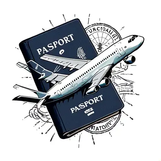 travel tattoo with a plane, passport and stampls. no colours and make it aesthetic tattoo design idea