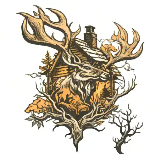 buck in woods with cabin chimney smoking tattoo design idea