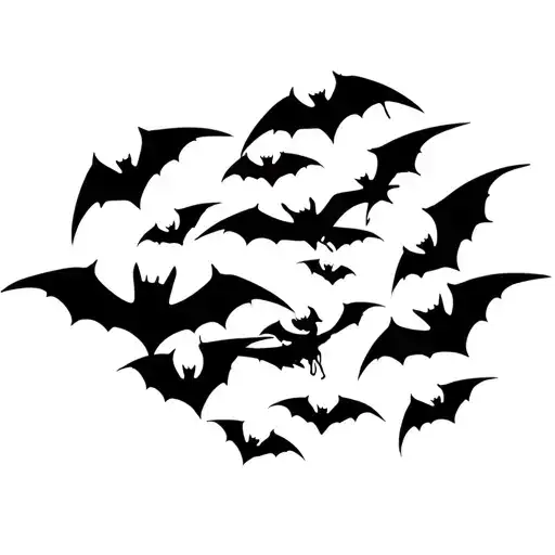 a flock of 7 bats flying upwards, black and white, theme: gothic,  dark fantasy tattoo design idea