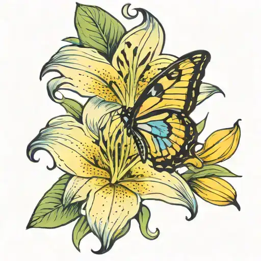 yellow lily flower with blue butterfly  tattoo design idea