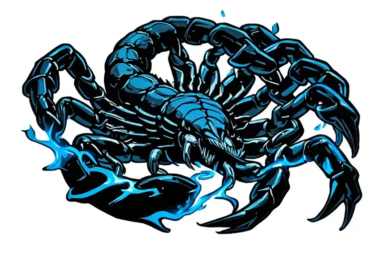 scorpion intertwined with mortal kombat scorpions chain by fire & brimstone, blue fire soaked kunai's ending all enemies tattoo design idea