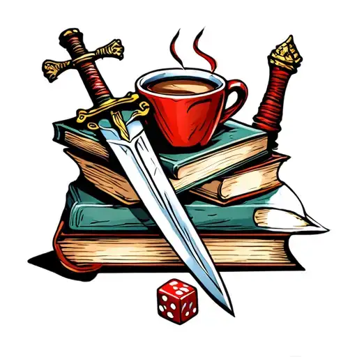 Books, Coffee,  Dice, Sword tattoo design idea