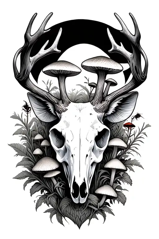 deer skull with mushrooms,  pants and insects  tattoo design idea
