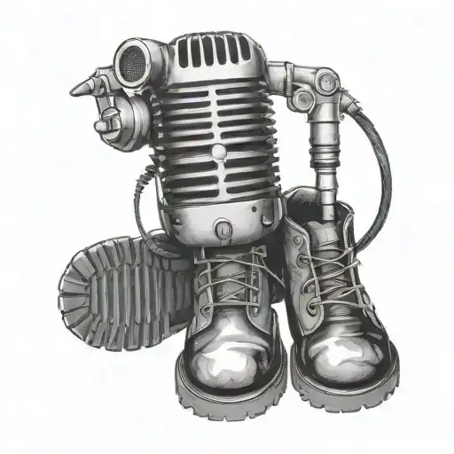 A black-grey tattoo of a vintage microphone with a timberland boot and a polo shirt draped over it, paying homage to hip hop fashion tattoo design idea