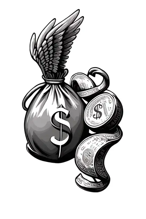 Angel wings money bag tattoo design idea