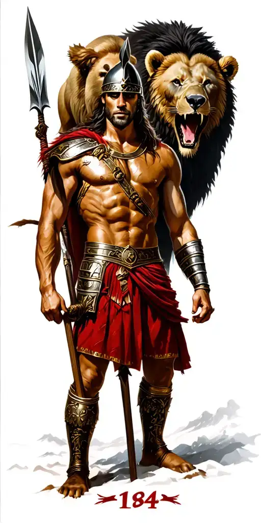 spartan warrior standing proudly with spear surrounded with a bear and lion roaring and roman numerial 1984  tattoo design idea