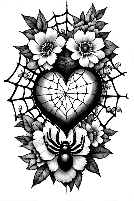 spider web with heart and spider with flowers tattoo design idea