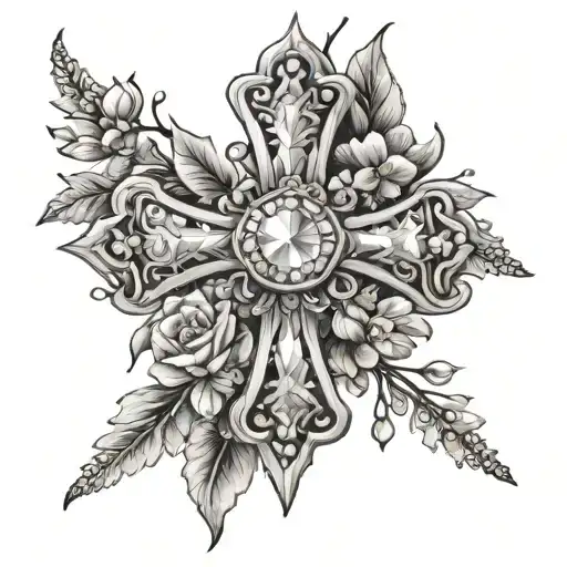 cross with jewel stones of diamond, opal, and tanzinite with april, October, and December birth flowers   tattoo design idea