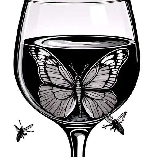 Wine glass with a hole at the bottom and a butter fly coming tattoo design idea