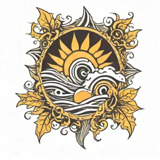 sun, waves, leaves, I>^ symbol tattoo design idea
