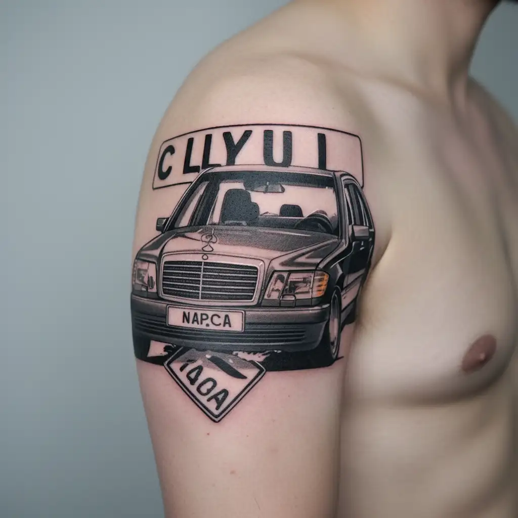 Mercedes-benz w140 with Cluj-Napoca road sign incorporated tattoo design idea