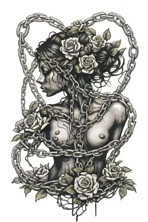 Silhouette of a naked girl, roots growing out of chains, roses tattoo design idea