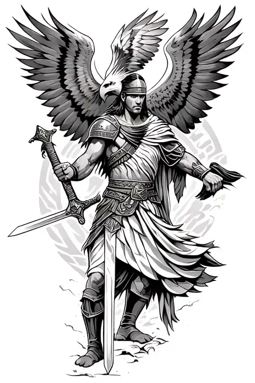 Spartan warrior holding a sword with an eagle flying above, symbolizing power and fearlessness tattoo design idea