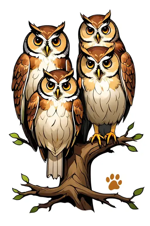 Four owls on a tree with a dog paw tattoo design idea