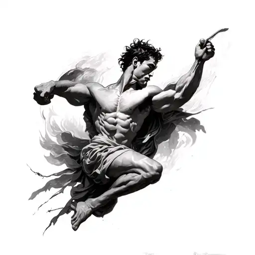 Theme:A mythologically driven, emotionally resonant full sleeve based on Virtus, depicting the trials of the athlete,  tattoo design idea
