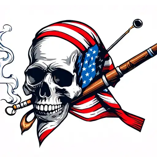skull american flag bandana smoking cigarette fishing pole tattoo design idea