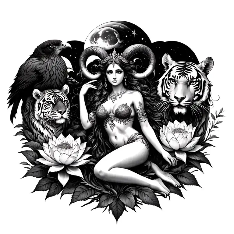 sexy aries goddess surrounded by lotus and peony flowers growing with a tiger and a hawk with mars in the sky tattoo design idea