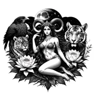 sexy aries goddess surrounded by lotus and peony flowers growing with a tiger and a hawk with mars in the sky tattoo design idea