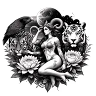 sexy aries goddess surrounded by lotus and peony flowers growing with a tiger and a hawk with mars in the sky tattoo design idea