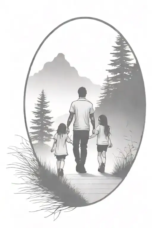father in the middle holding hands with two small girls walking down the road with forest and cliffs in background tattoo design idea