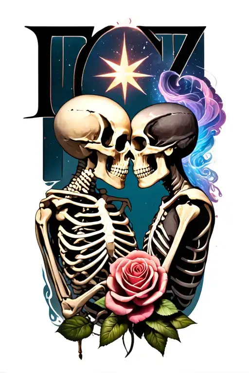 the word 'Tonz' 2 skeletons kissing and Star transforming into a rose tattoo design idea